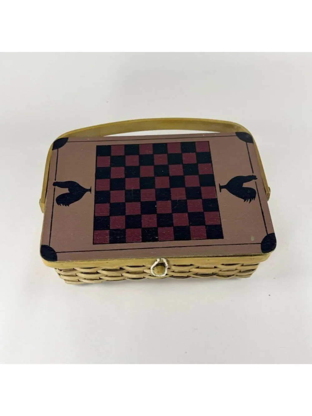 Handcrafted Wooden Checkerboard Picnic Basket With Handle 13